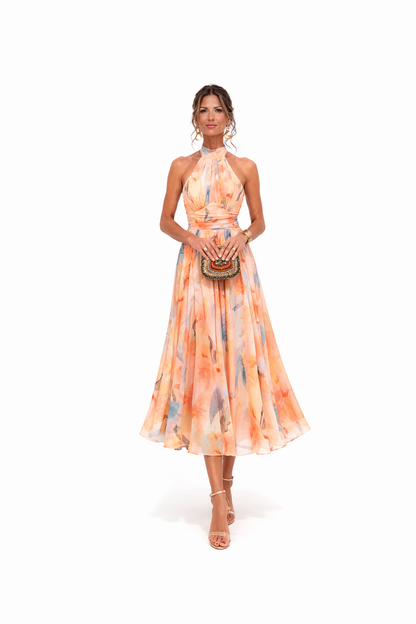 Flowing Halter Neck Dress Lightweight Chiffon